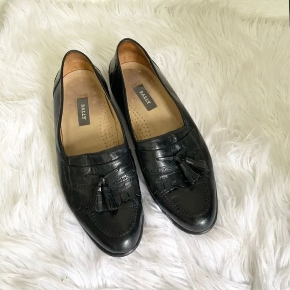 Bally Black Leather Slip On Kiltie Loafers Dress Shoes 10
